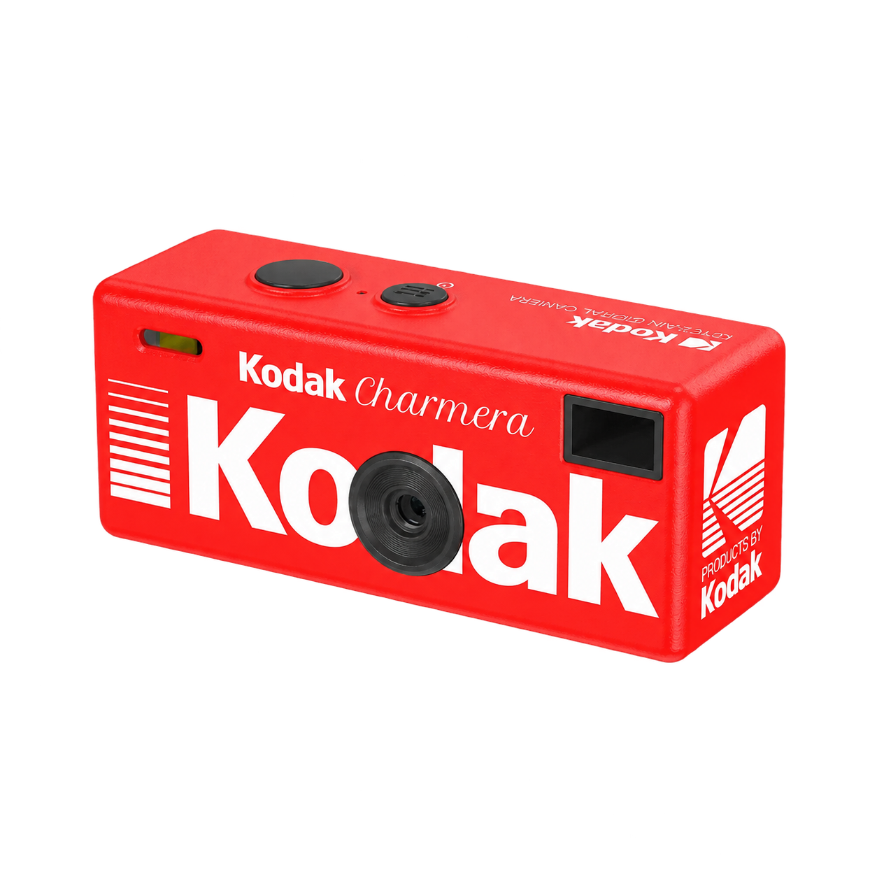 Red Kodak Charmera keychain camera, showing its lens and top buttons